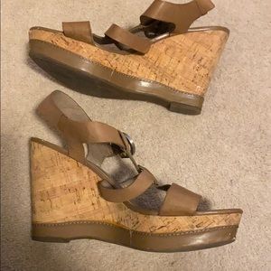 Cork heel tan wedges